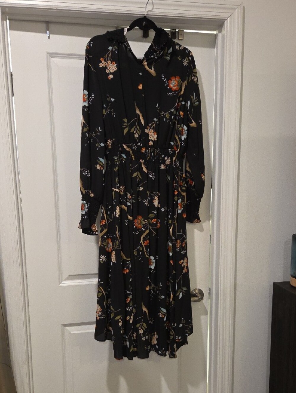 Black Floral Long-Sleeve Ruffled Neck Dress Size 14, New Without Tags! - Picture 2 of 14